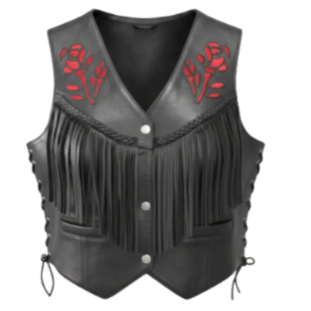 Hot Leathers Womens Fringe Leather Vest M Black Red Rose Lace UP Sides Snaps EUC - Picture 16 of 16